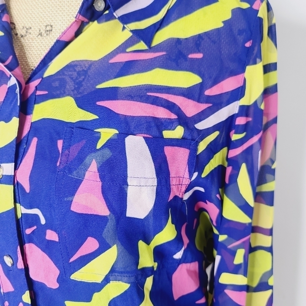 Neon Colorful Geometric Liz Claiborne Blouse Medium Career Semi Sheer - Picture 4 of 14